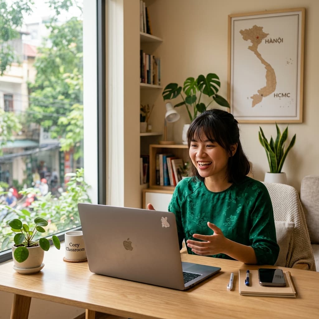 Vietnamese woman smiling warmly while teaching Vietnamese online